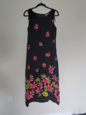 Sheri Martin Black Maxi Dress with Pink Floral & Green Leaf Print